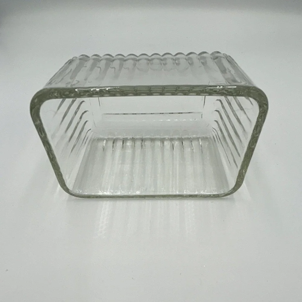 Clear Glass Rectangular Covered Butter Dish with Lid Geometric Ribbed Design